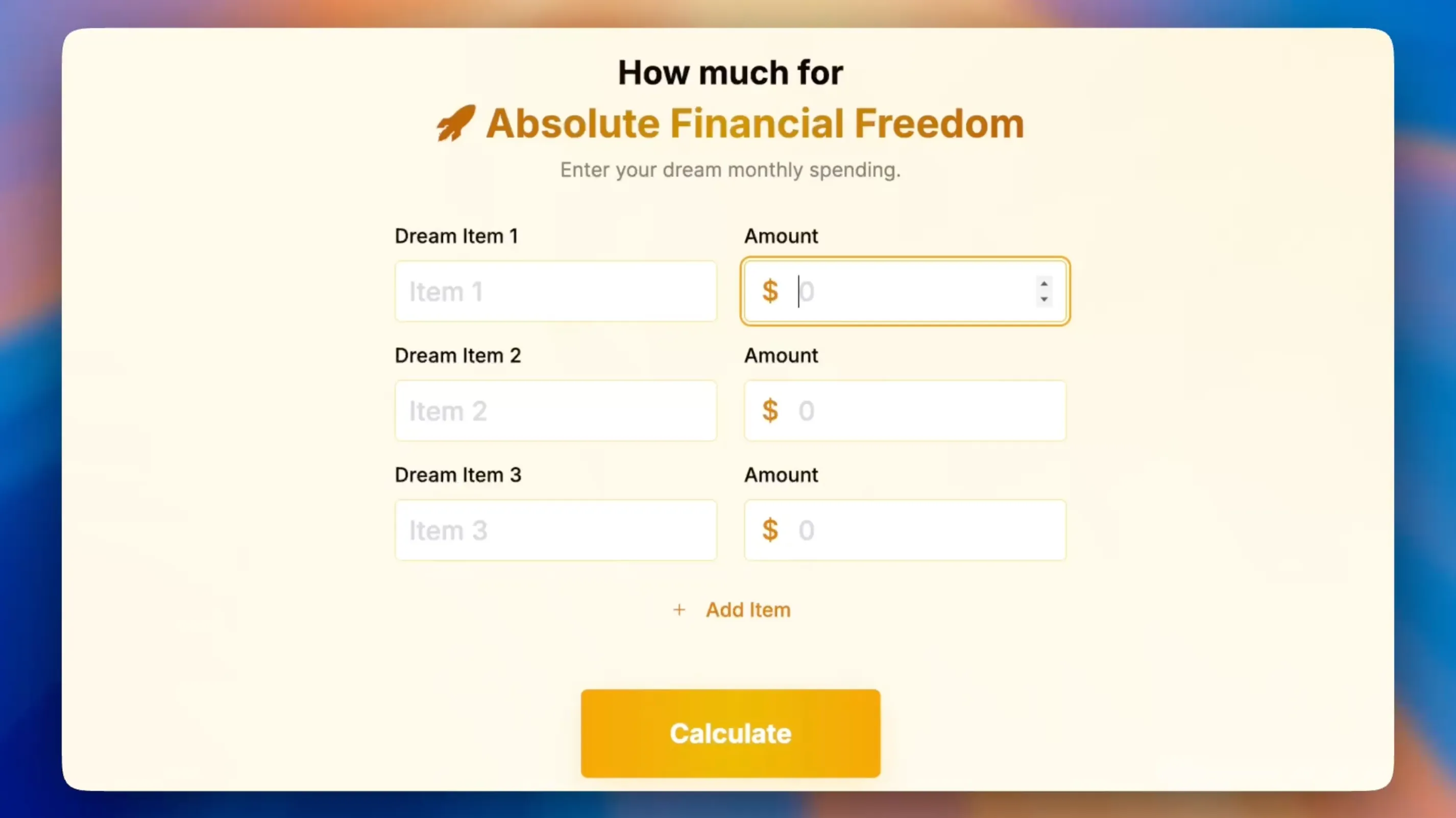 Fire Calculator Stage 5: Absolute Financial Freedom—dream expense inputs