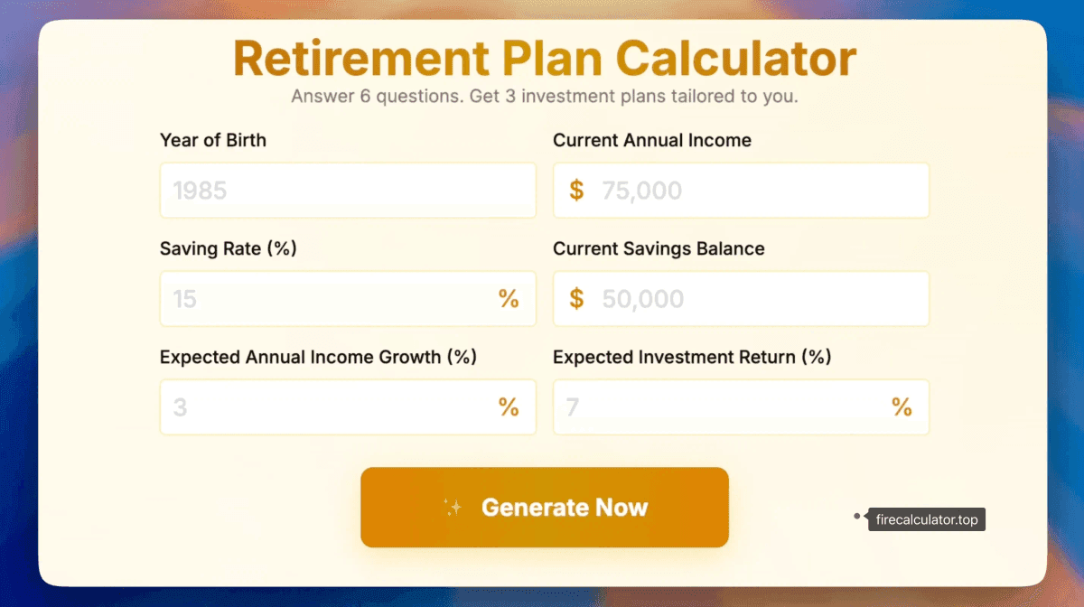 Retirement Plan Calculator interface showing inputs for annual income, saving rate, current balance, and return assumptions.